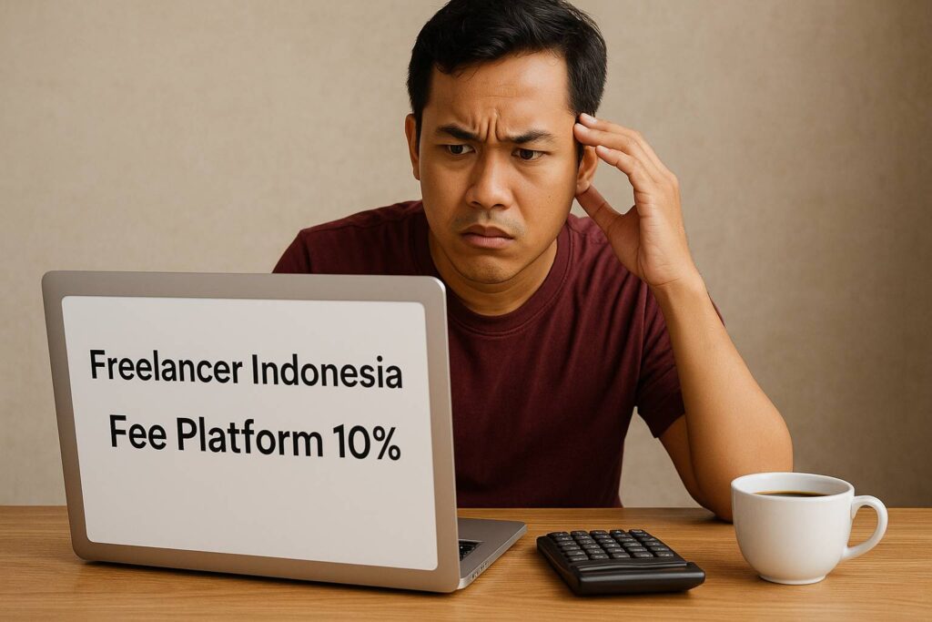 Freelancer Indonesia menatap layar laptop dengan ekspresi bingung