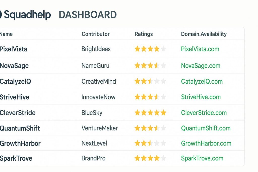 Tampilan dashboard Squadhelp dengan daftar submission nama bisnis dari berbagai kontributor