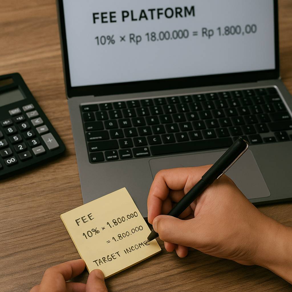 Tangan menulis di sticky notes dengan perhitungan fee dan target income