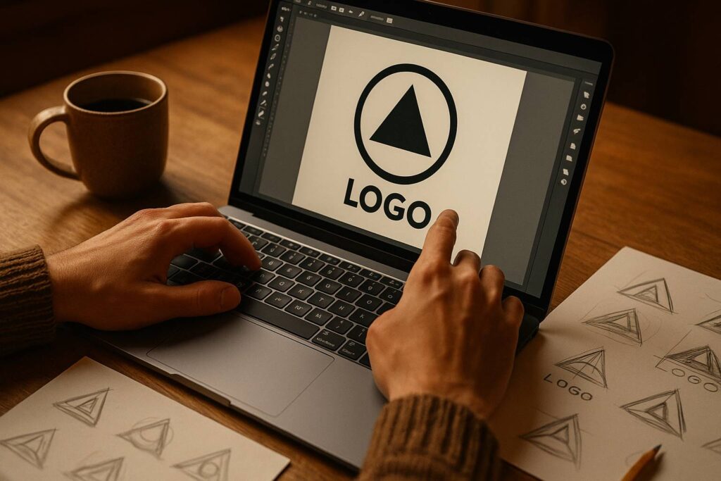 desainer mengedit logo di laptop
