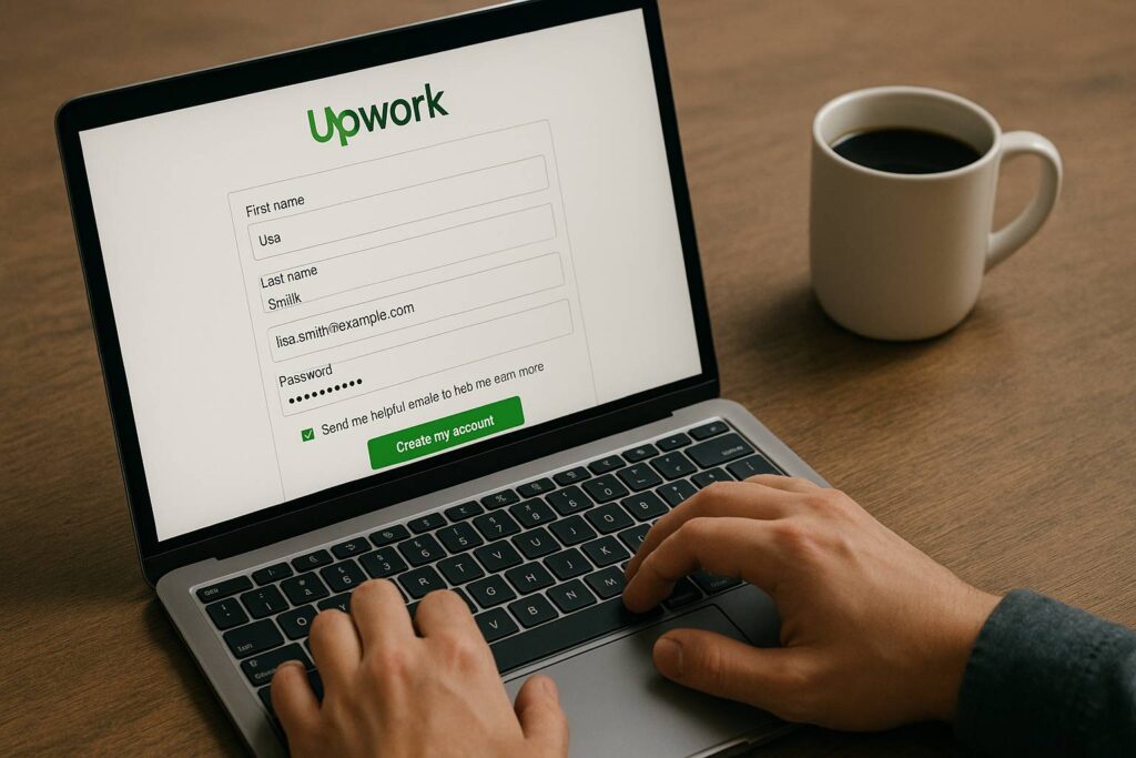 tangan mengetik di laptop, dengan layar menampilkan form Upwork